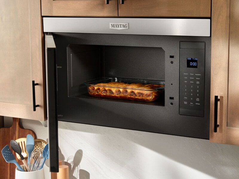 Casserole dish inside a Maytag® microwave Casserole dish inside a Maytag® microwave
