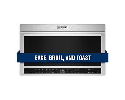 Maytag® over-the-range microwave with “bake, broil, and toast” banner