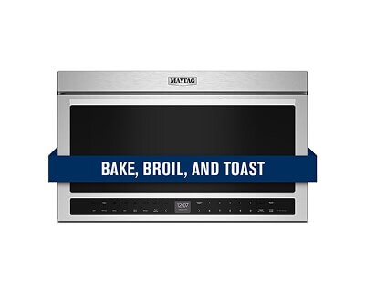 Maytag® over-the-range microwave with “bake, broil, and toast” banner