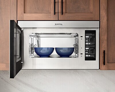 Bowls in Maytag® over-the-range microwave with turntable-free design