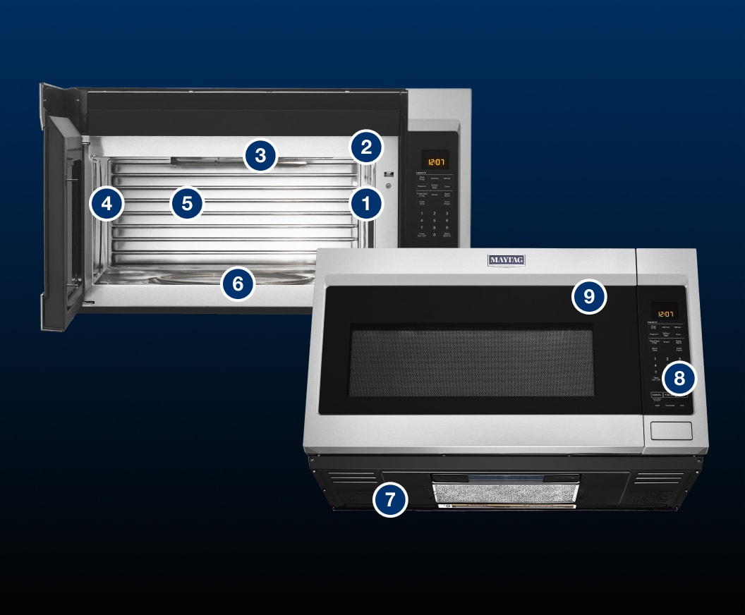 Infographic identifying the internal and external parts of a microwave Infographic identifying the internal and external parts of a microwave