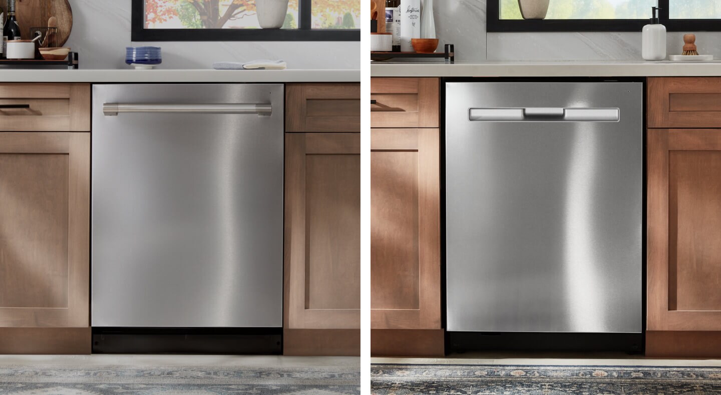 A side-by-side image of both a bar handle dishwasher and a pocket handle dishwasher, surrounded by brown cabinets