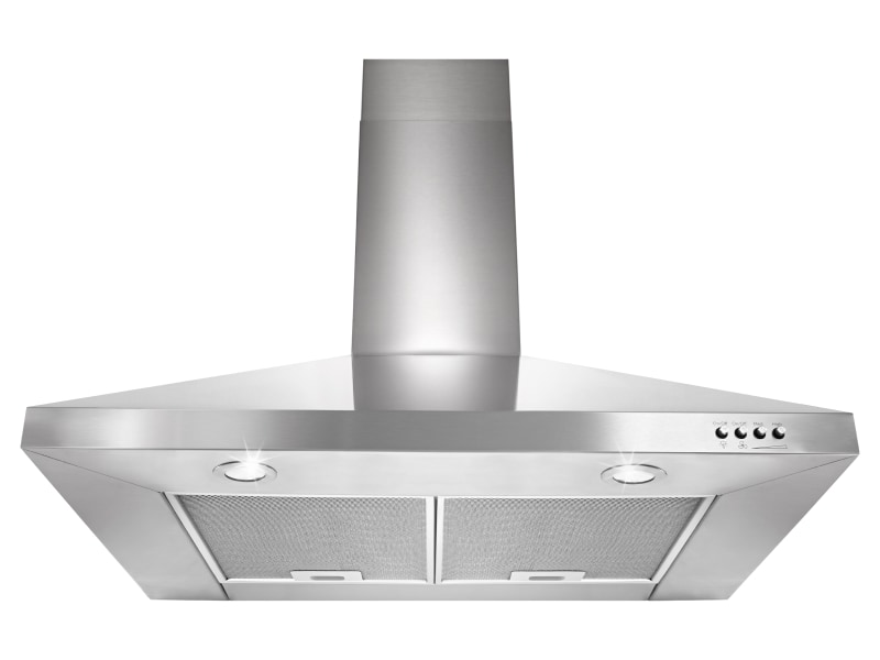 A stainless steel range hood