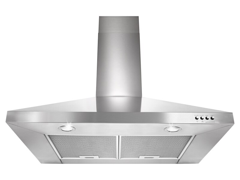 A stainless steel range hood
