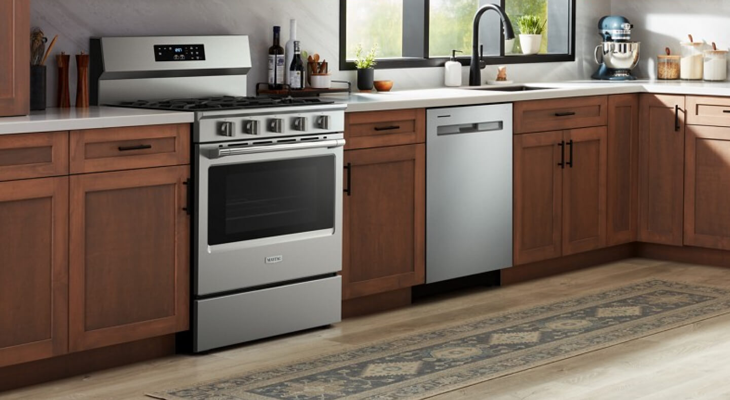 Range set in brown cabinetry