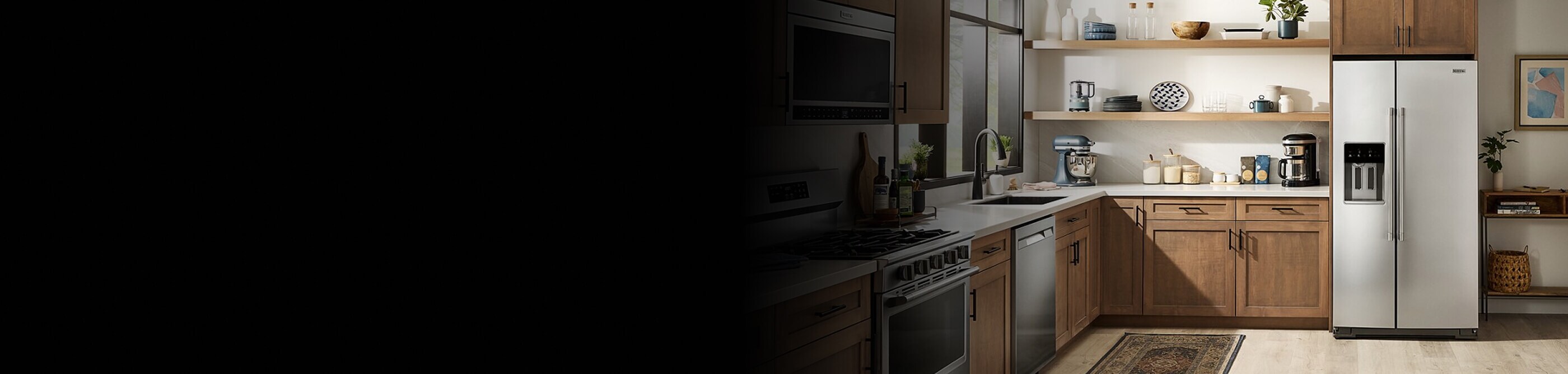 Maytag® side-by-side refrigerator with an external ice and water dispenser