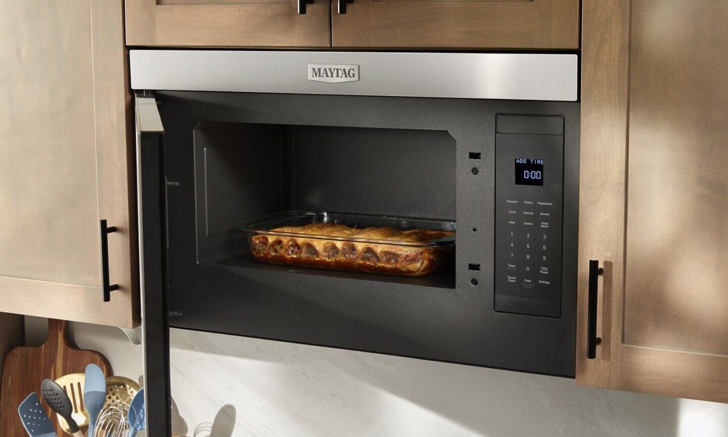 Casserole in an open microwave