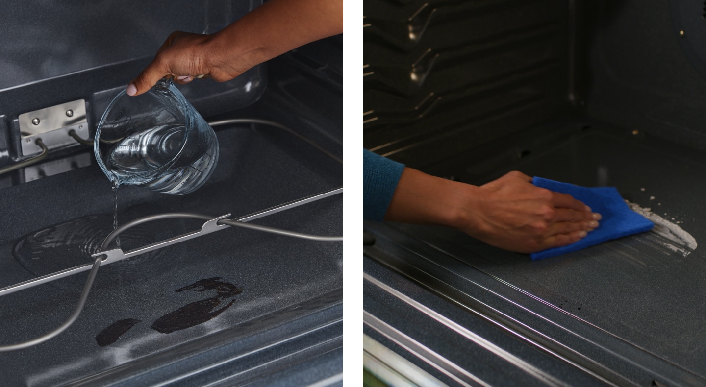 A person cleaning the inside of an oven A person cleaning the inside of an oven
