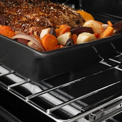 Meat and veggies in a pan on an oven rack