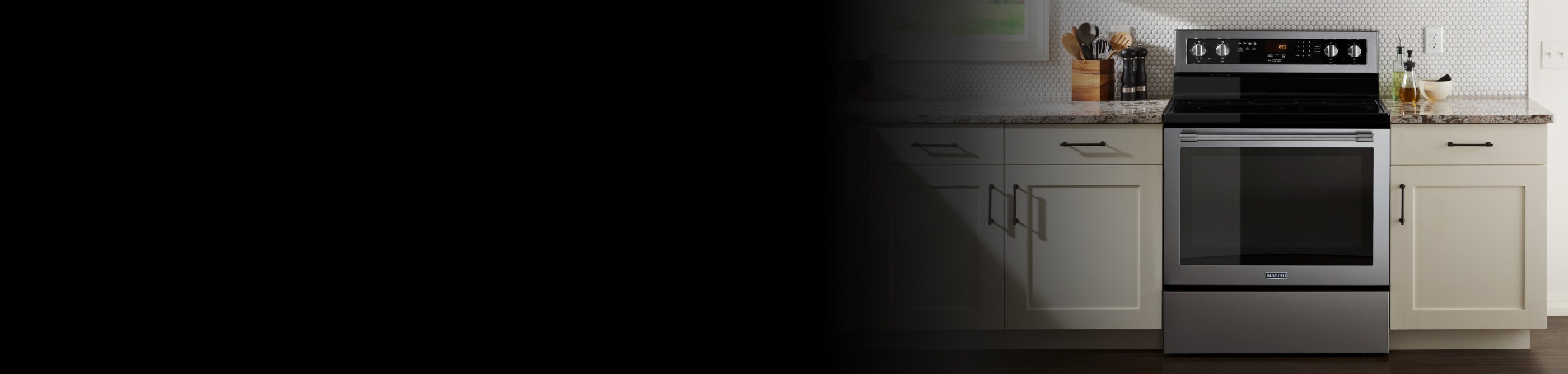 A slide-in range under an over-the-range microwave