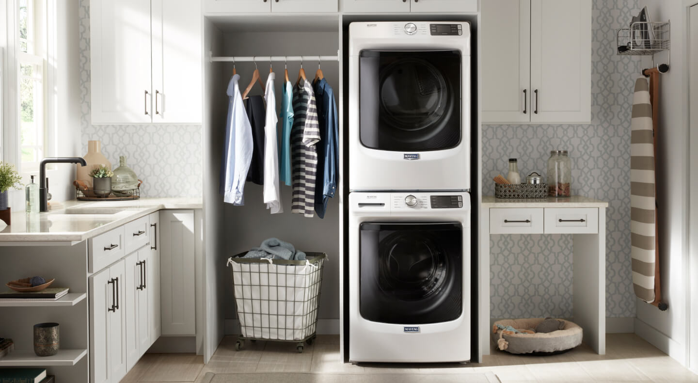 White Maytag® laundry set stacked on top of each other