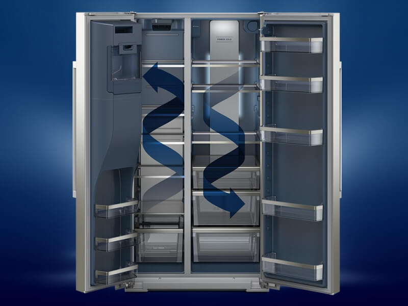 Refrigerator open with arrows indicating energy flow