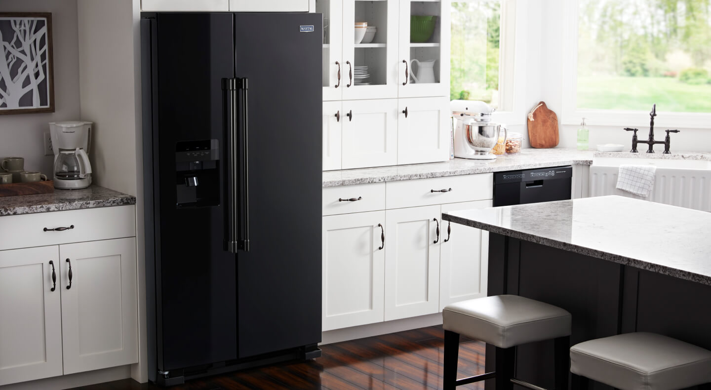 Black Maytag® refrigerator in a modern kitchen