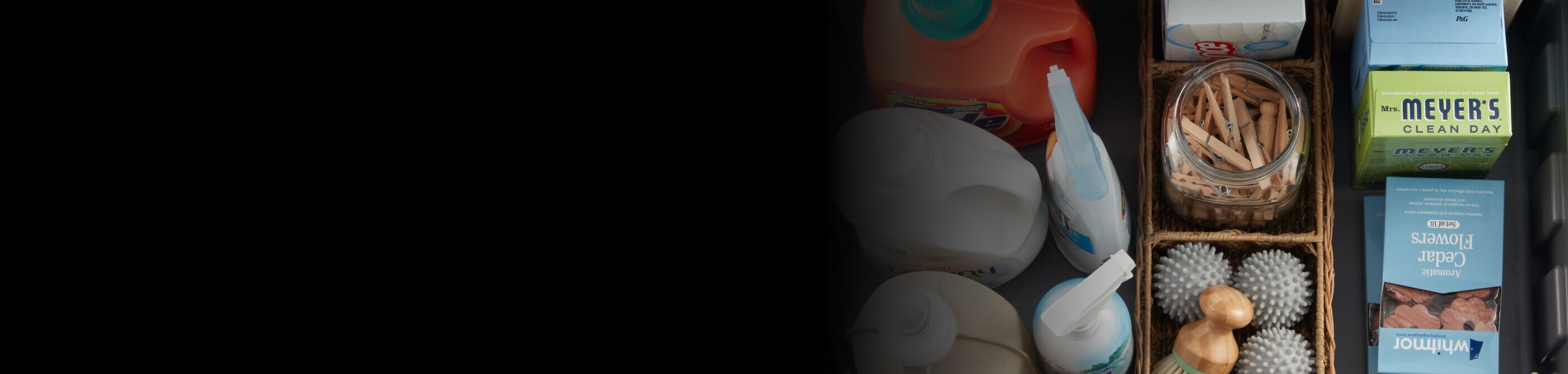 Laundry supplies in baskets and jars