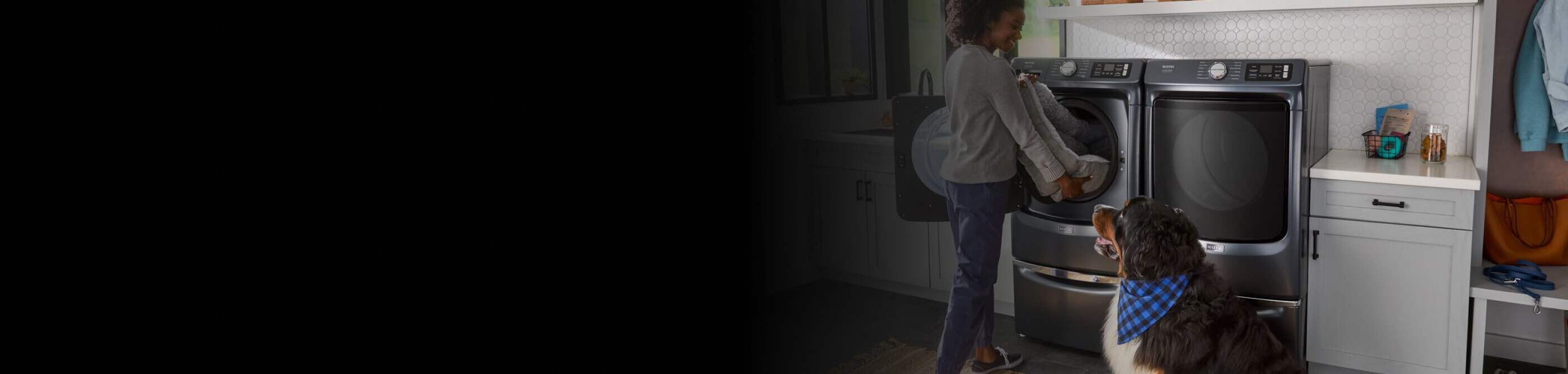 A dog watching its owner loading a dog bed into a front load washer on a pedestal next to a front load dryer