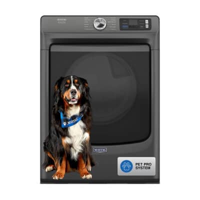 A large black, brown and white dog sitting in front of a Maytag® Smart Pet Pro Front Load Dryer