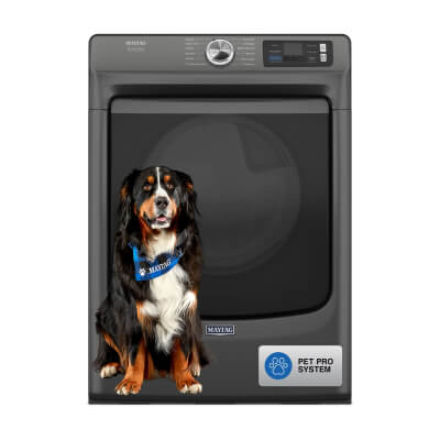 A large black, brown and white dog sitting in front of a Maytag® Smart Pet Pro Front Load Dryer