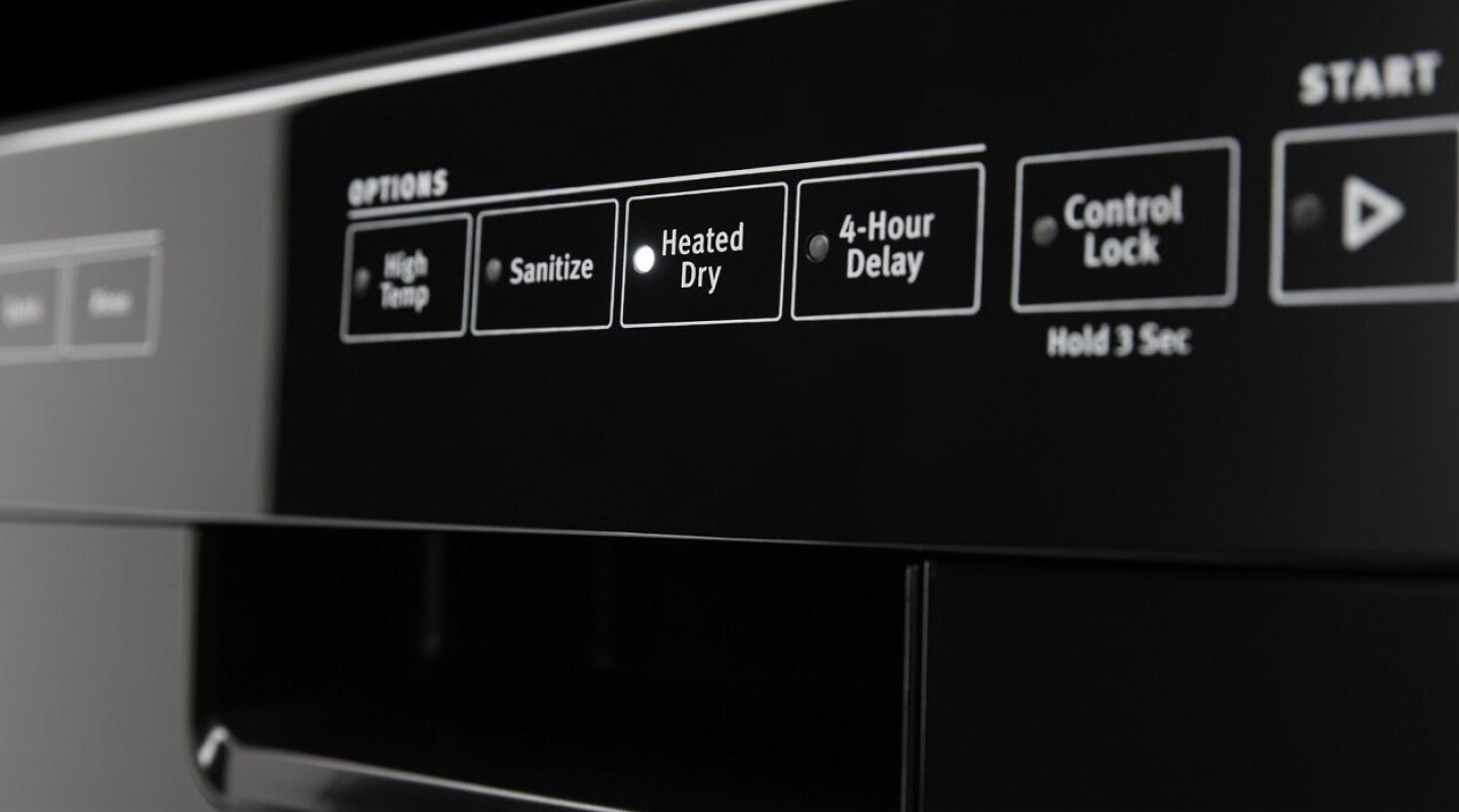 Close up of front control dishwasher control panel Close up of front control dishwasher control panel