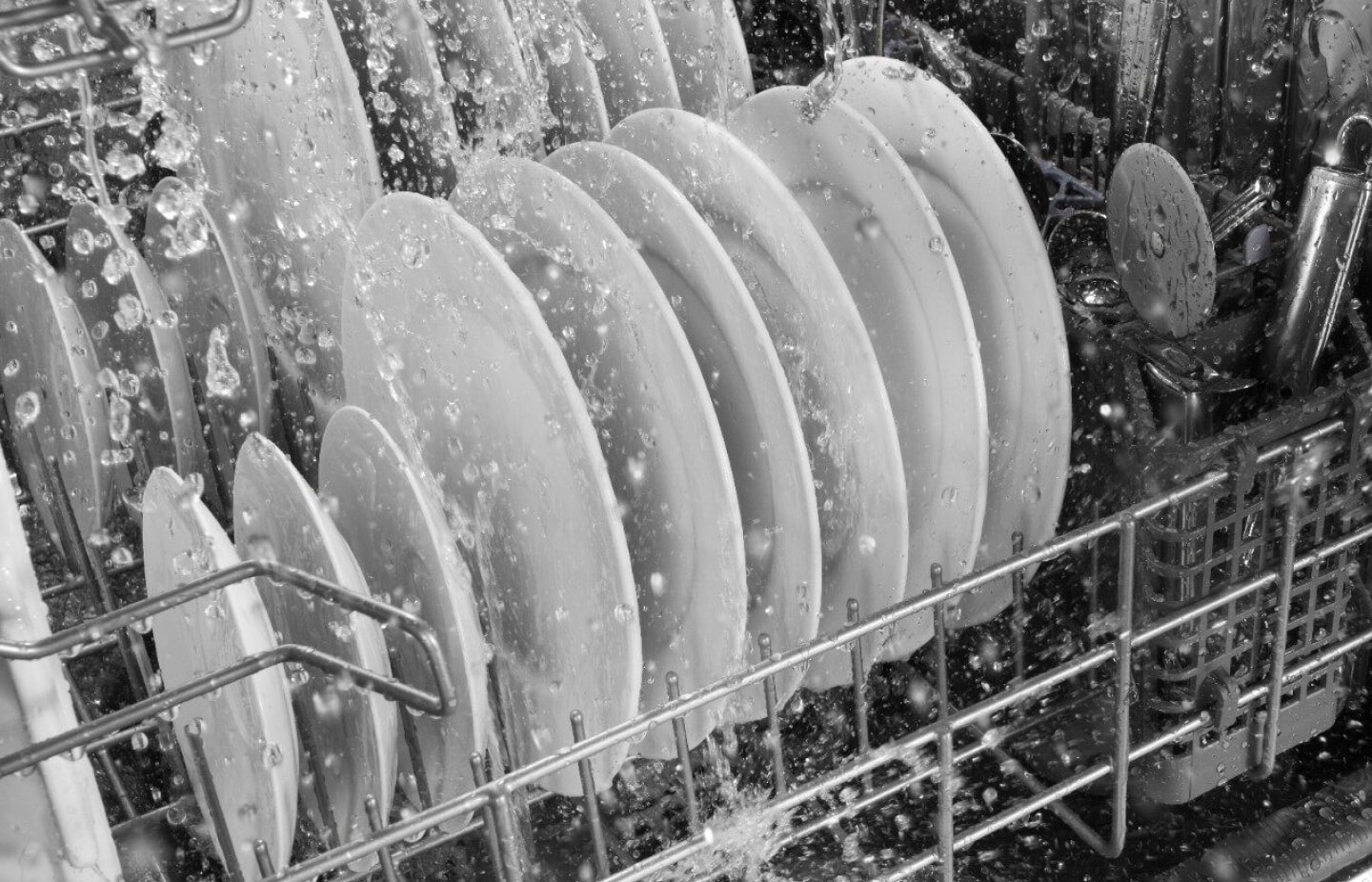 View of dishes in dishwasher rack during washing cycle View of dishes in dishwasher rack during washing cycle