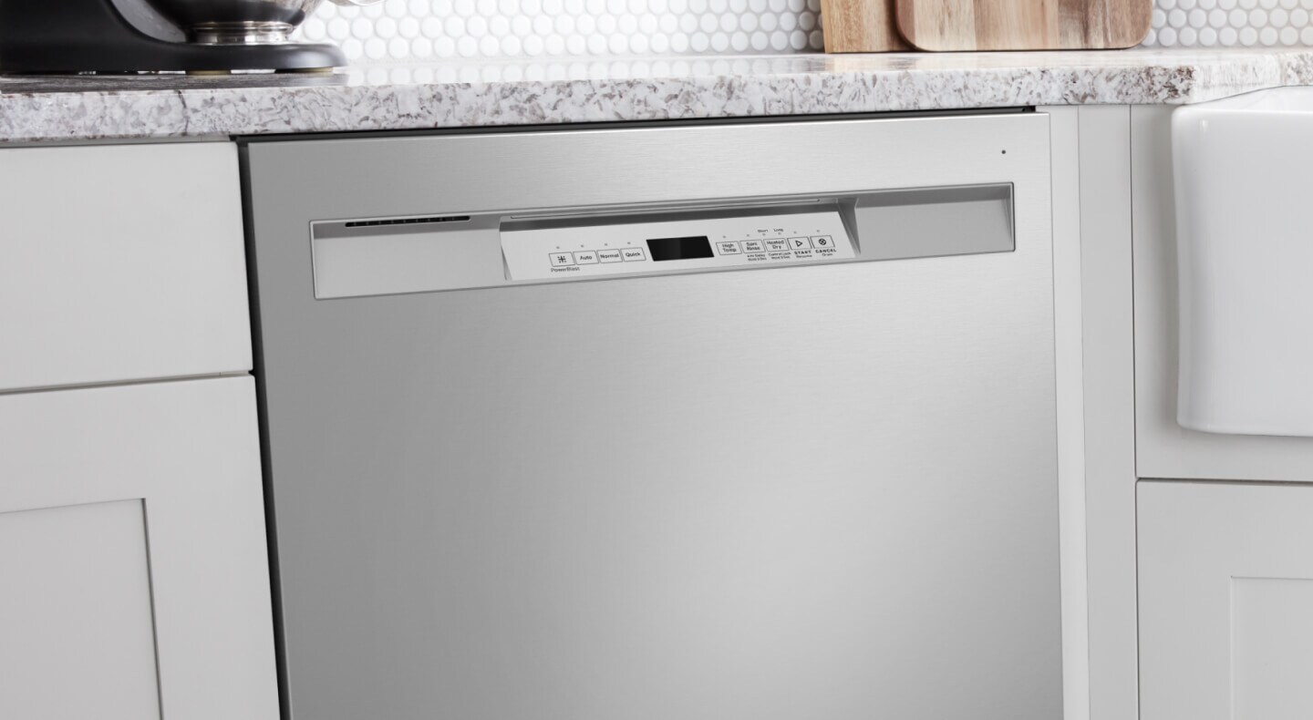 A close-up of the control panel on a front control dishwasher