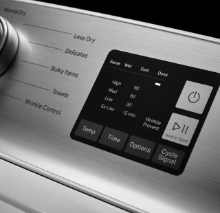 Closeup image of a dryer control panel