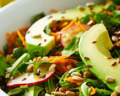 Sliced avocados on a salad