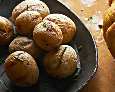 Baked potatoes in a bowl