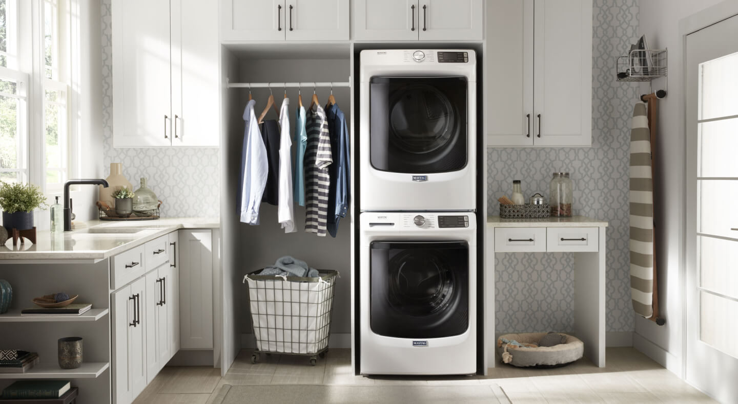 Stacked Maytag® front load washer and dryer
