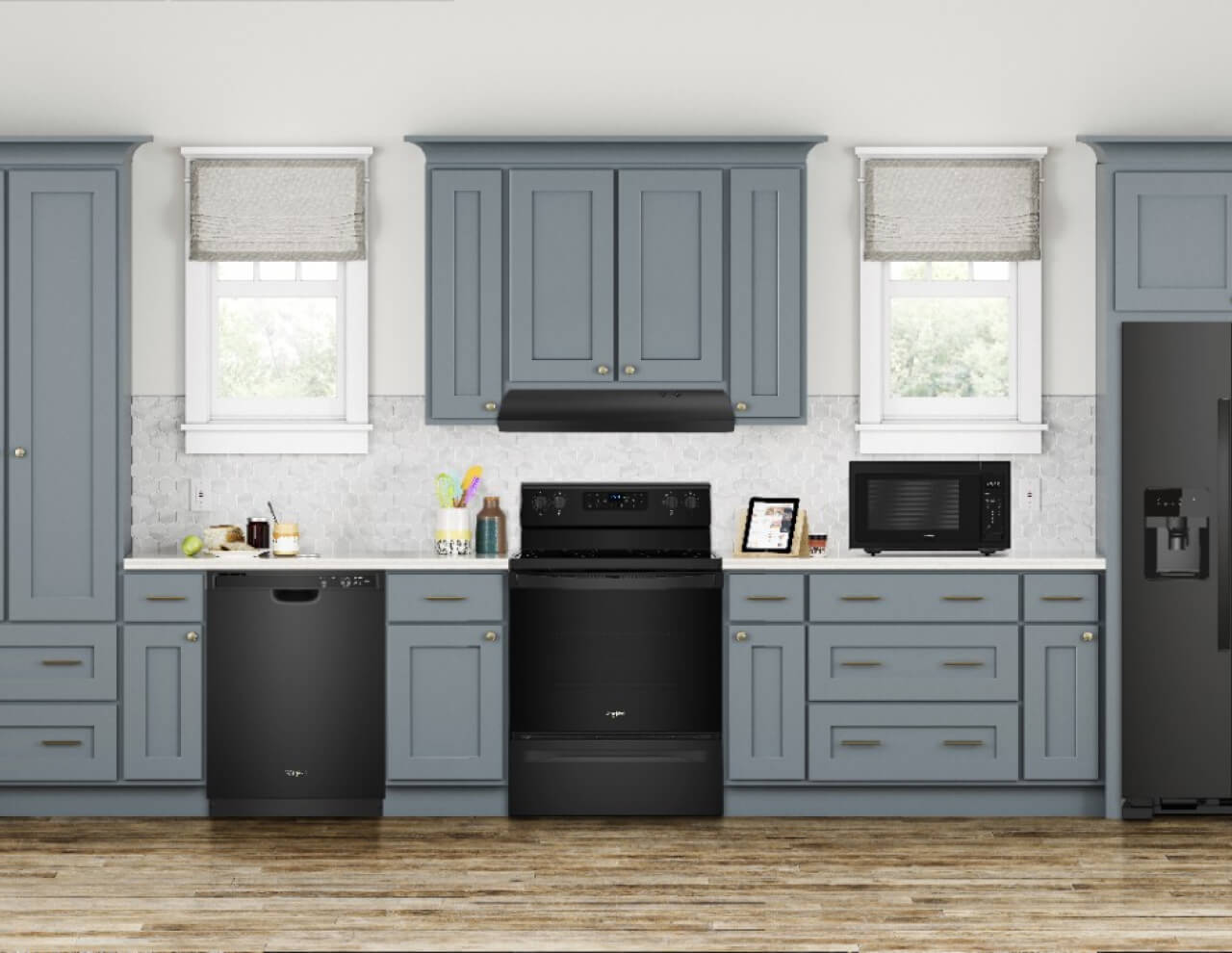 A modern kitchen with blue cabinetry