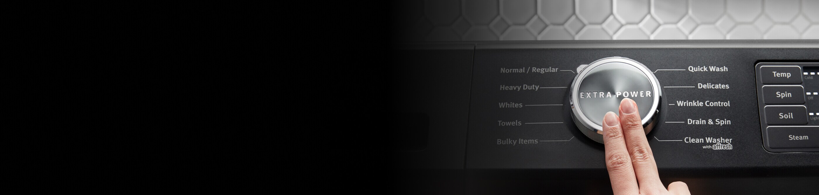 A closeup of Maytag® washing machine cycles and settings