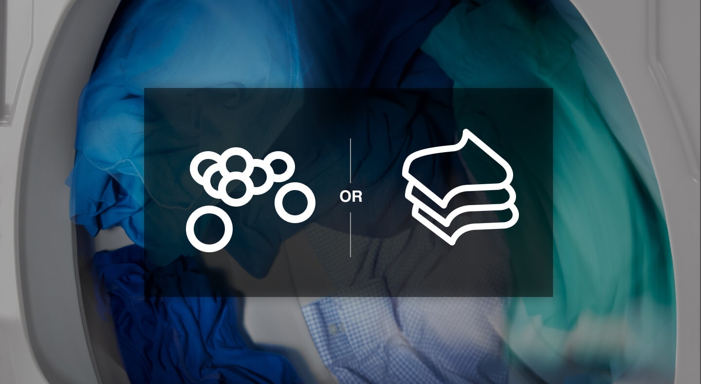 Dryer balls vs sheets icon overlaying clothes tumbling in a dryer Dryer balls vs sheets icon overlaying clothes tumbling in a dryer
