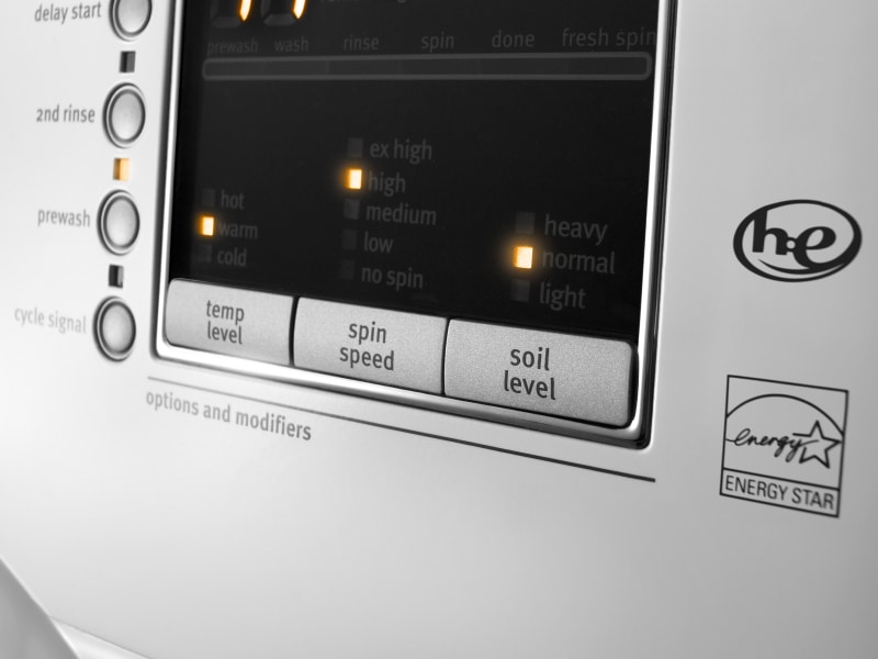 Various wash cycle settings on a high-efficiency washing machine Various wash cycle settings on a high-efficiency washing machine