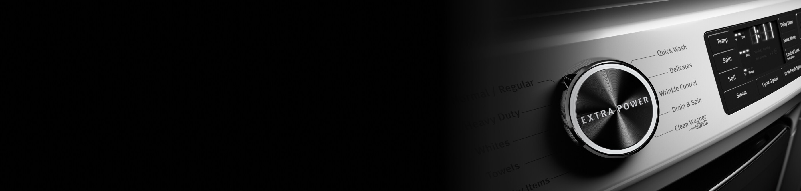 An Extra Power dial and various wash cycle options on a washing machine