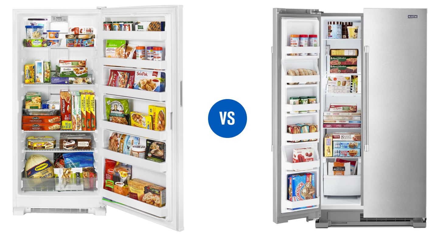 Open, upright deep freezer next to partially open, Maytag® side-by-side freezer compartment.