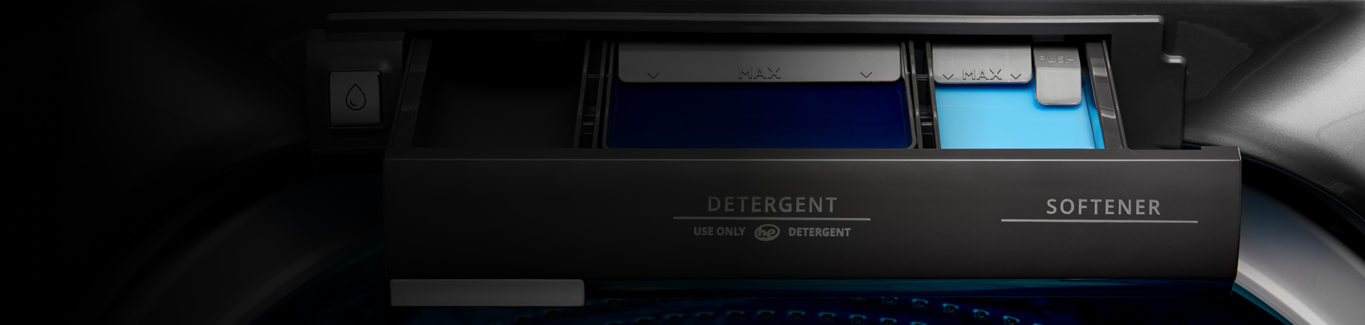 Close up image of a washing machine detergent dispenser