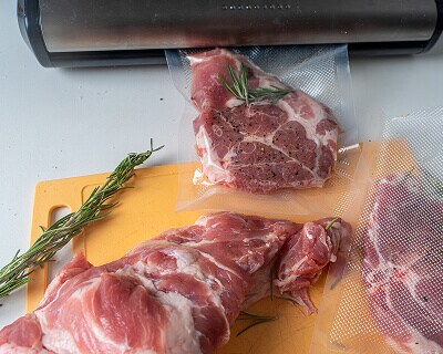 Meat seasoned with rosemary, two of the pieces are in sous vide bags