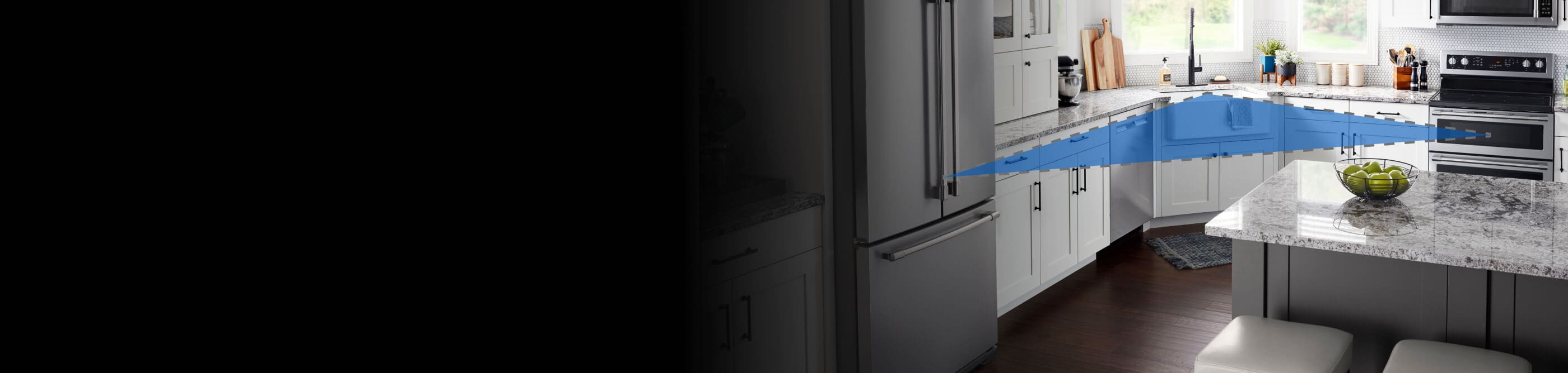 Work triangle in an L-shaped kitchen layout with island