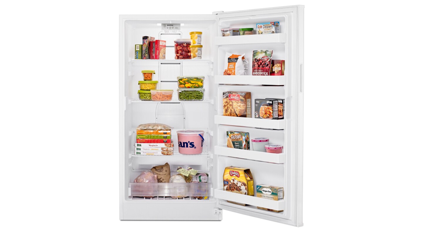 A closeup of the interior of a Maytag® upright freezer