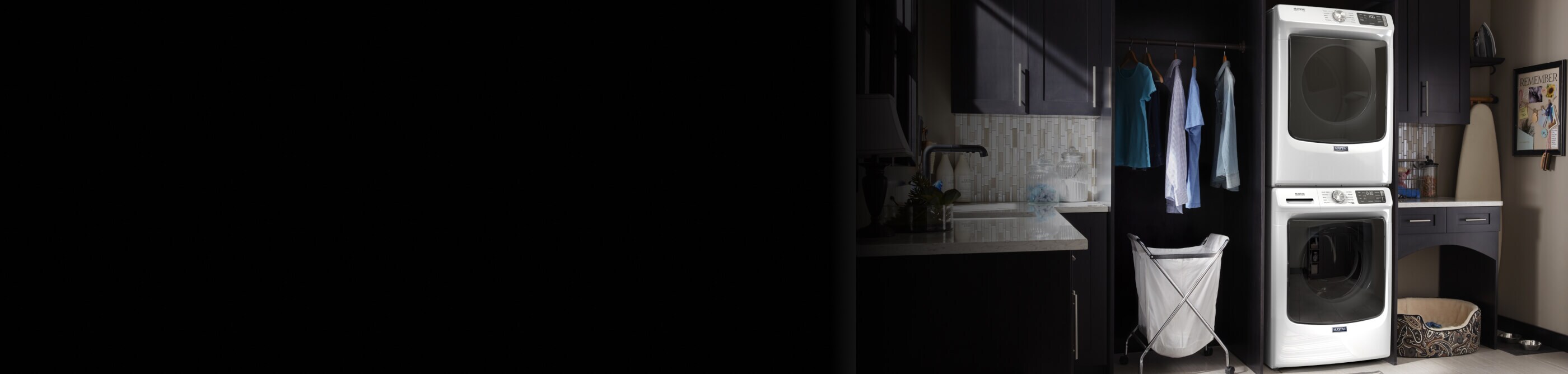 A white Maytag® washer and dryer set, stacked