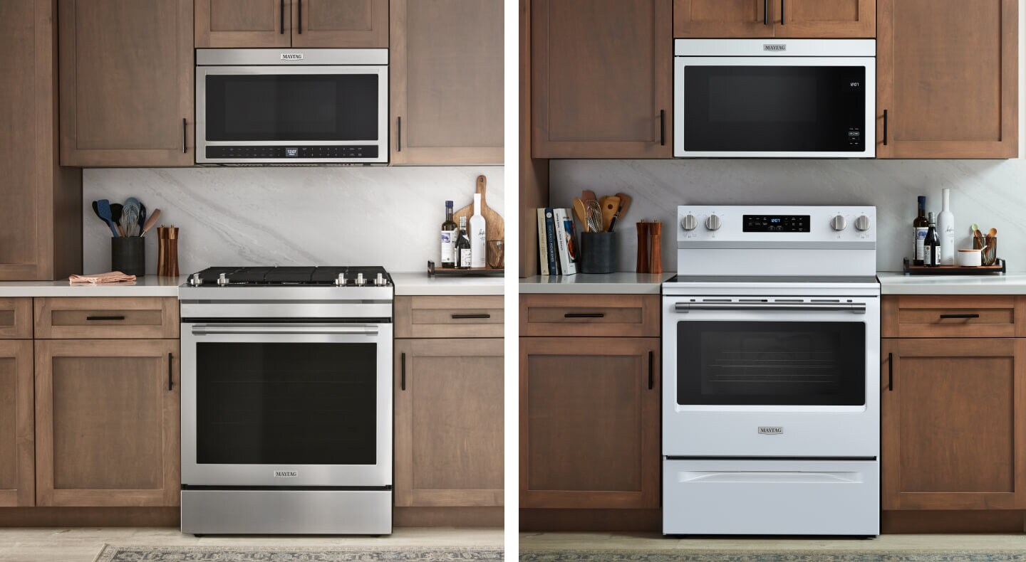 Two ranges with over-the-range microwaves in similar kitchen setups, side by side