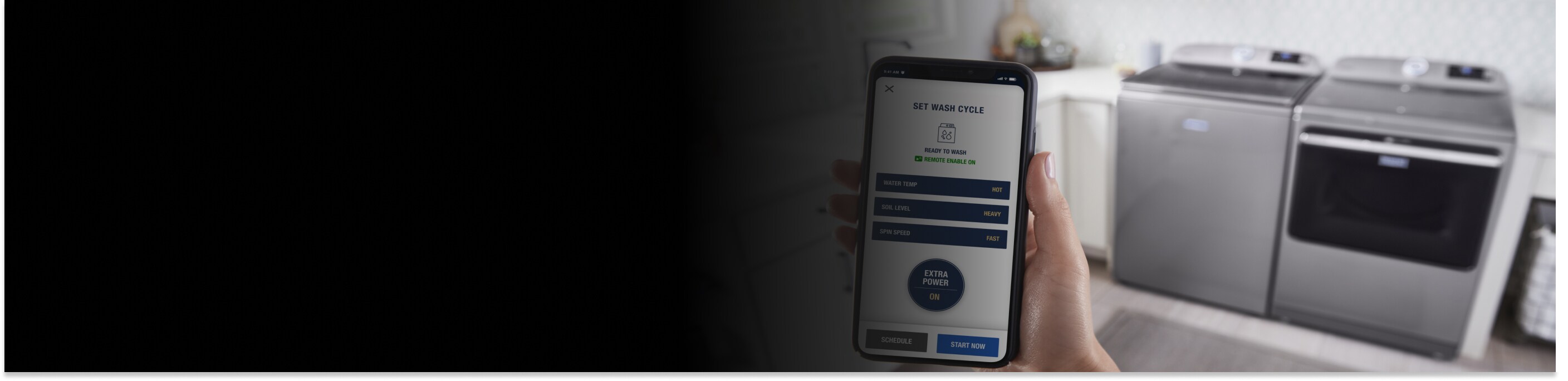 Person using the Maytag™ App standing in front of a gray top-load laundry pair 