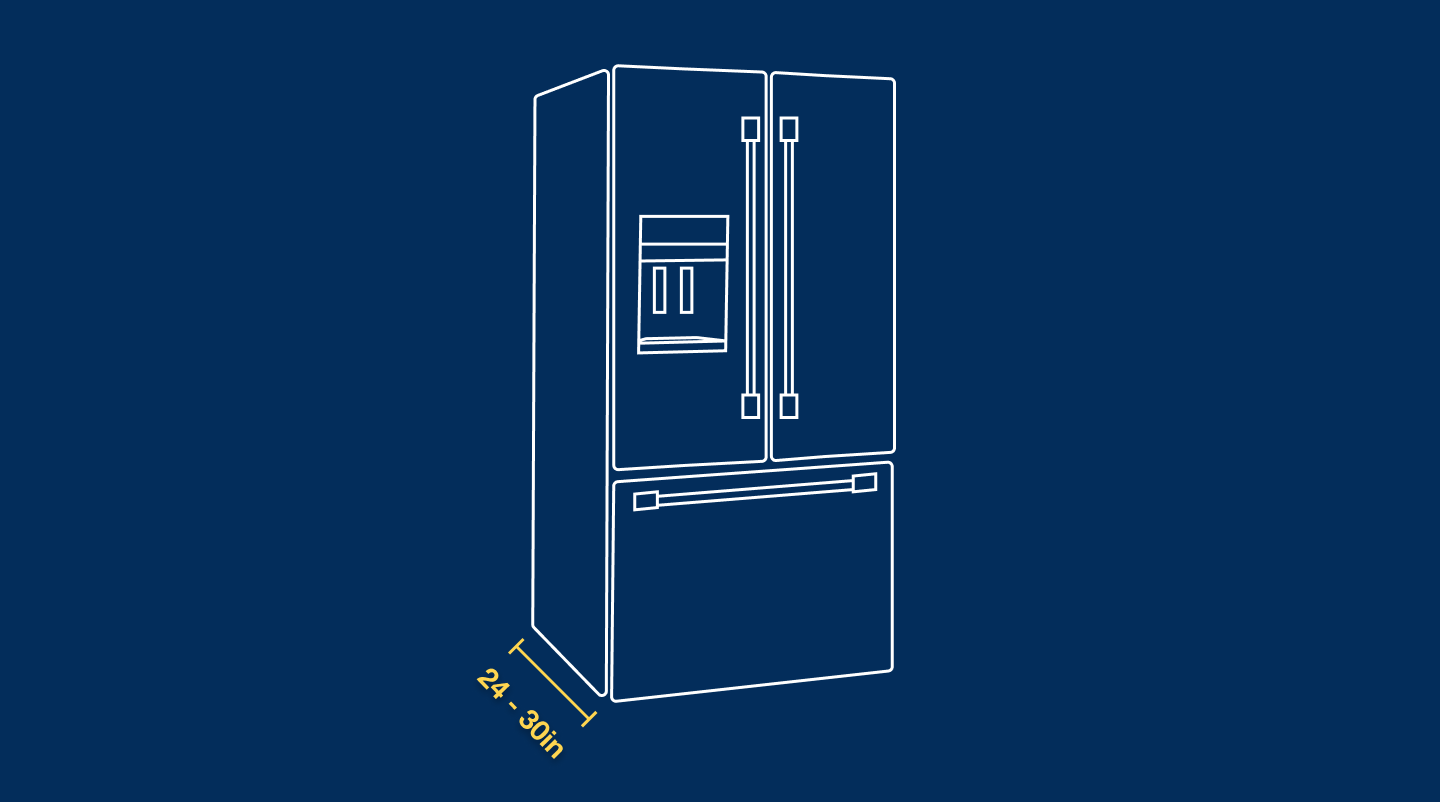 A graphic showing the dimensions of a counter-depth refrigerator