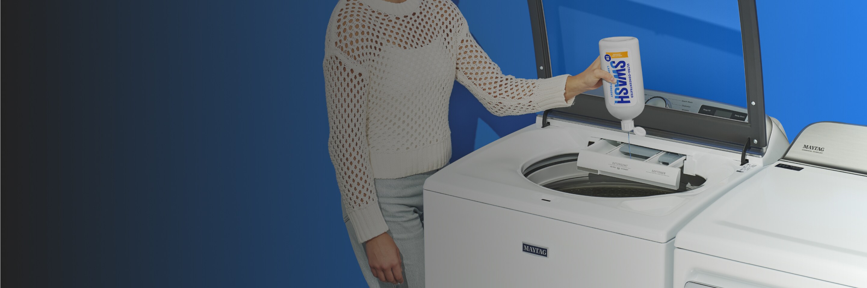 Filling a top-load washer with Swash® Laundry Detergent.