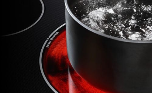 Closeup of a pot of boiling water on an electric stovetop