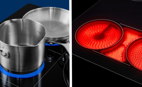 Electric and induction cooktops heating in side-by-side photo split