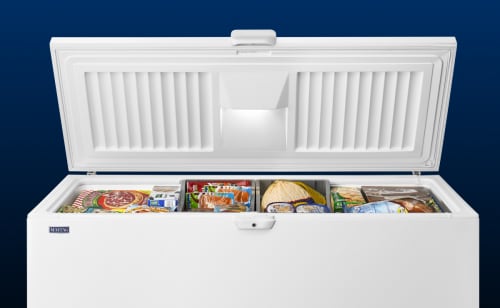 Open Maytag® chest freezer with food items