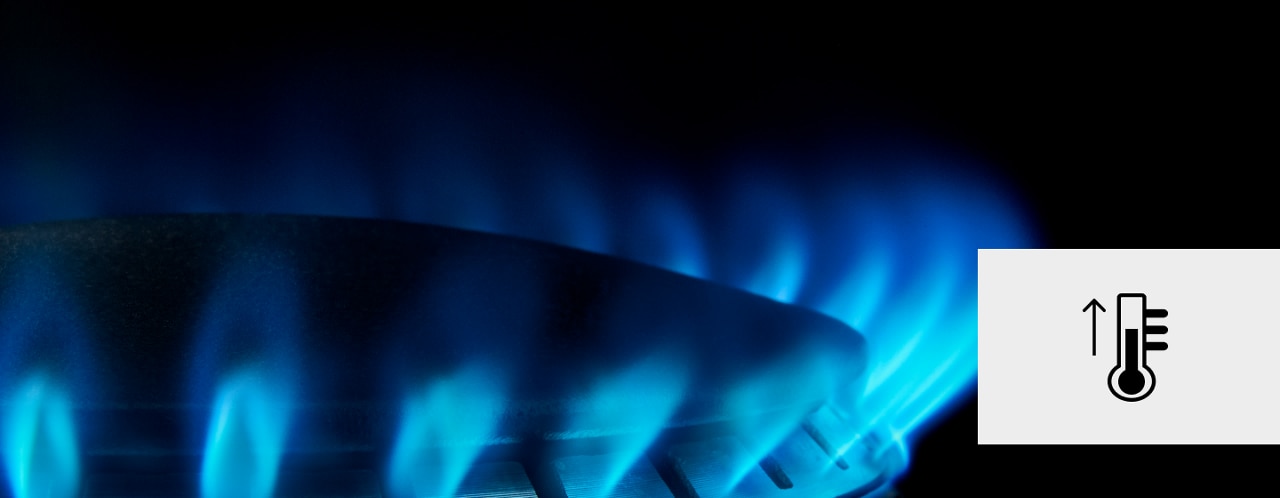 Blue flame from a gas burner with a temperature icon