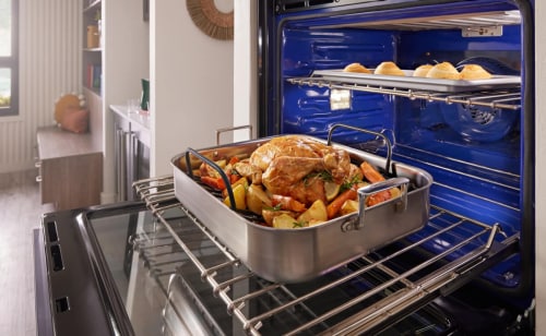 Poultry and veggies in a pan on an oven rack