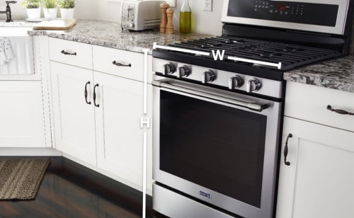 Maytag® gas range in granite countertop with dimension indicators
