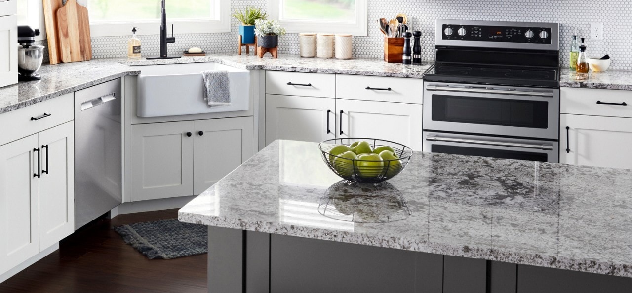 Freestanding double oven in a white kitchen